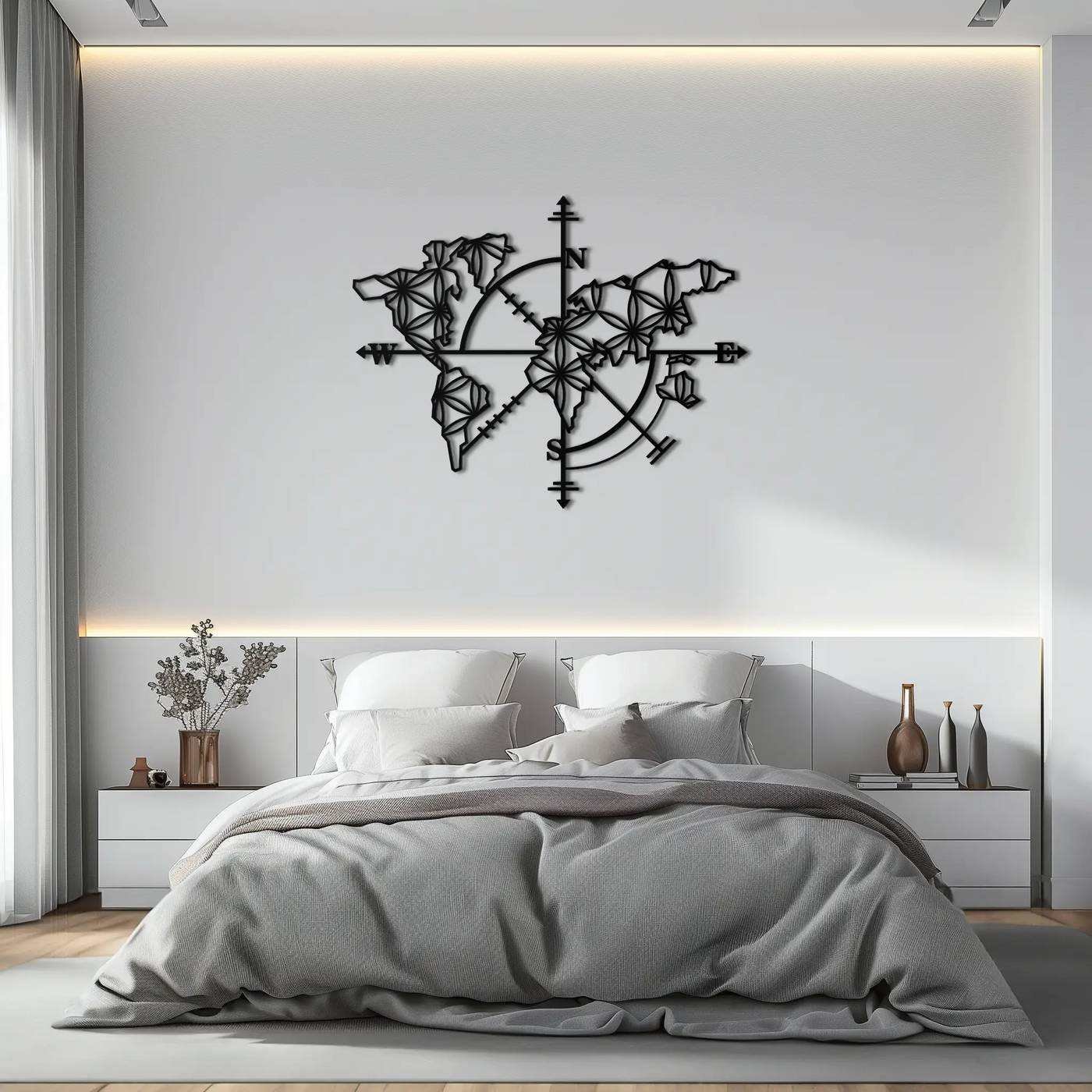 Geometric World Map Metal Wall Art - Modern Compass-Inspired Steel Decor - KAF131 by Enova Art