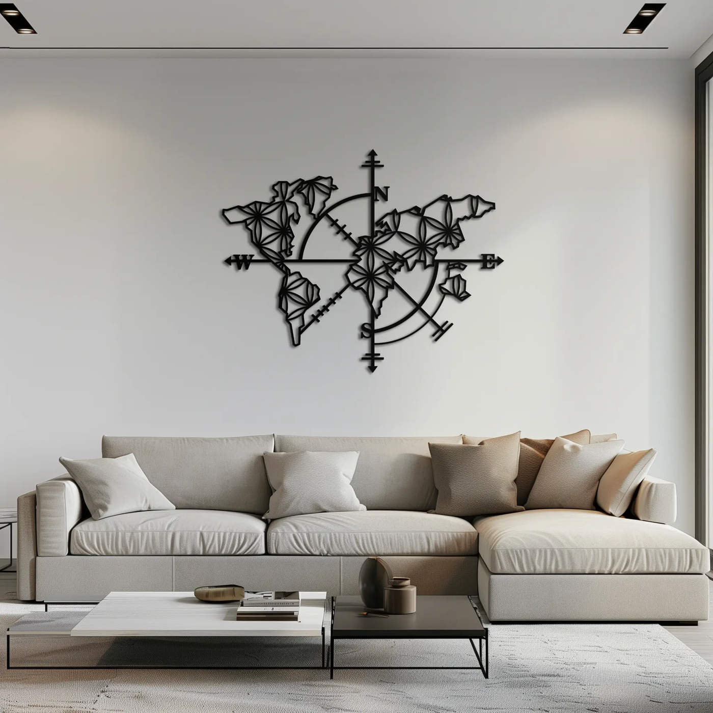 Geometric World Map Metal Wall Art - Modern Compass-Inspired Steel Decor - KAF131 by Enova Art