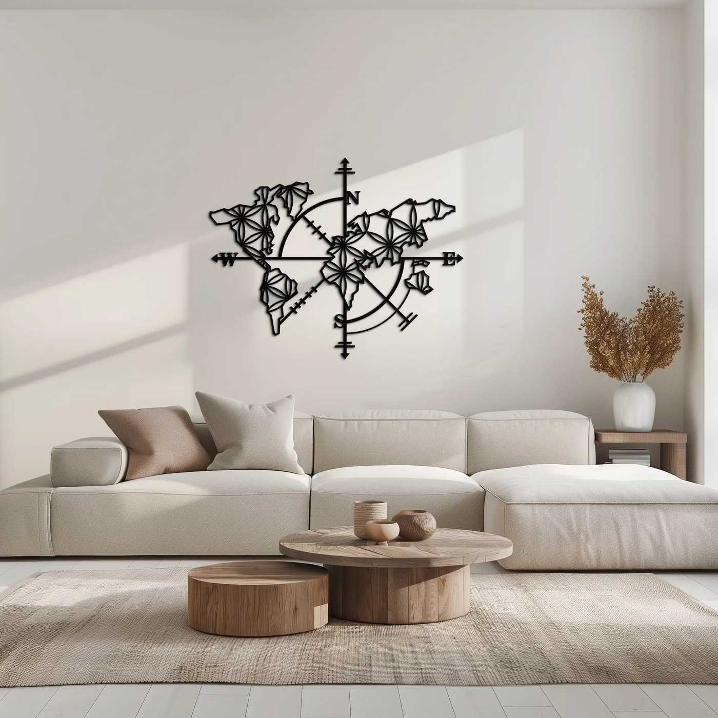 Geometric World Map Metal Wall Art - Modern Compass-Inspired Steel Decor - KAF131 by Enova Art