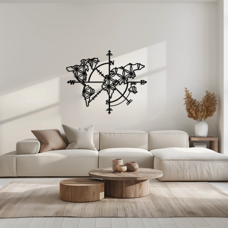 Geometric World Map Metal Wall Art - Modern Compass-Inspired Steel Decor - KAF131 by Enova Art