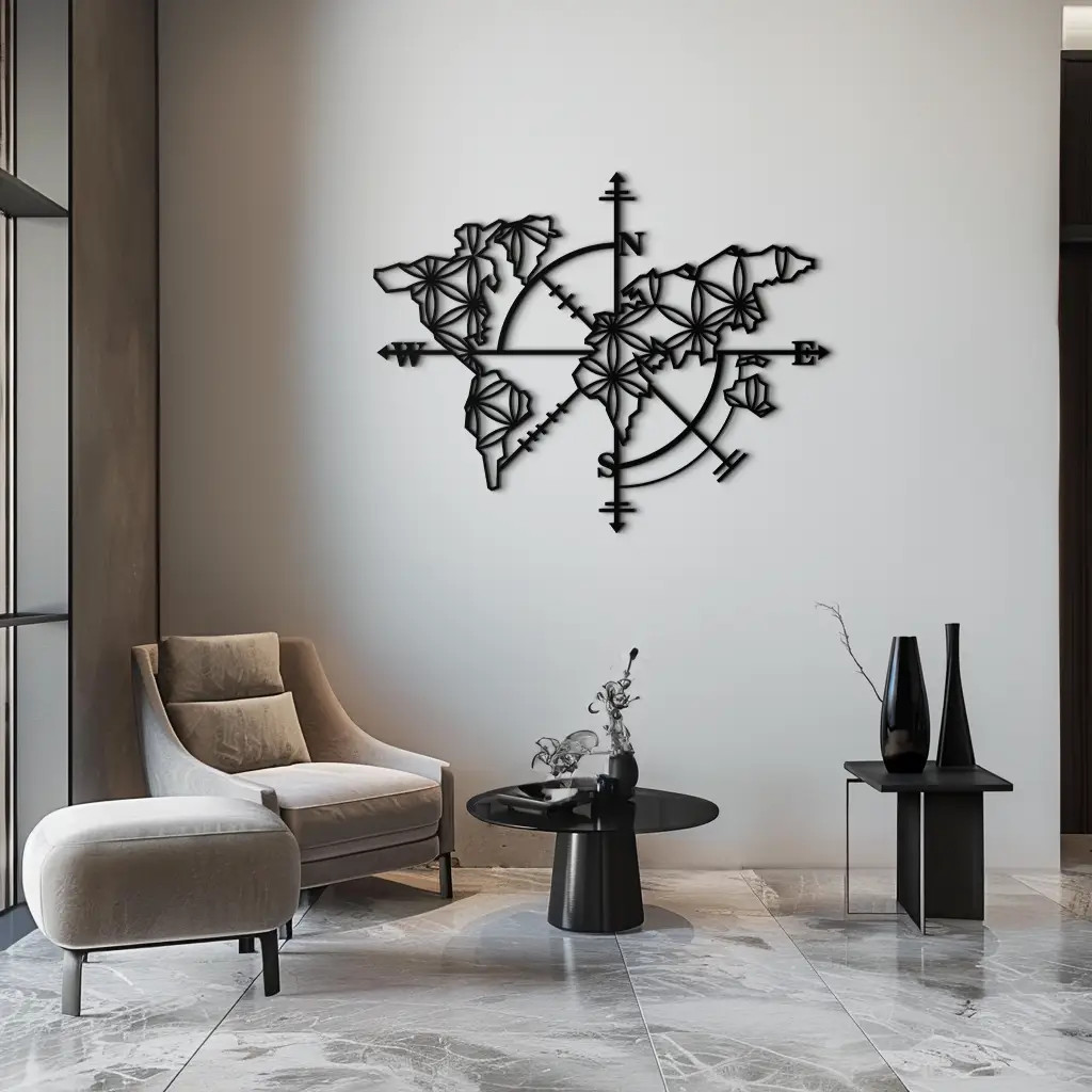 Geometric World Map Metal Wall Art - Modern Compass-Inspired Steel Decor - KAF131 by Enova Art