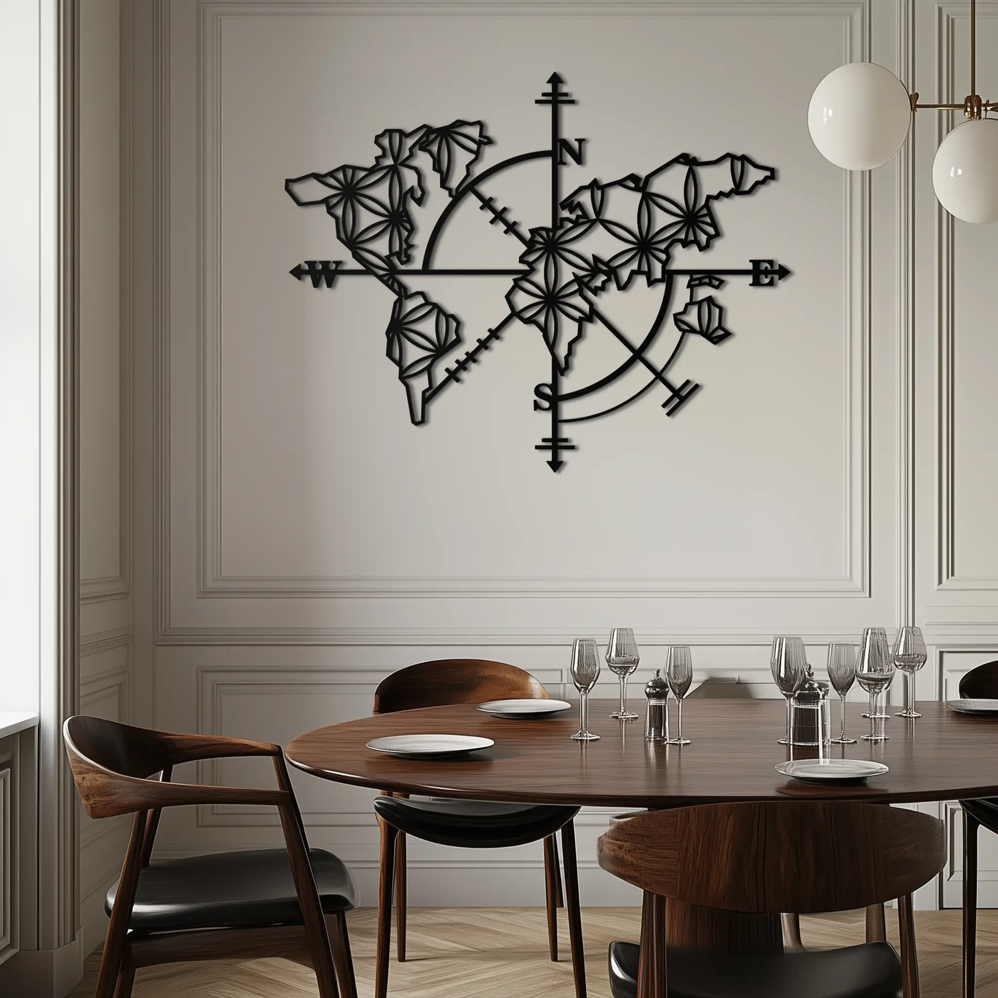 Geometric World Map Metal Wall Art - Modern Compass-Inspired Steel Decor - KAF131 by Enova Art