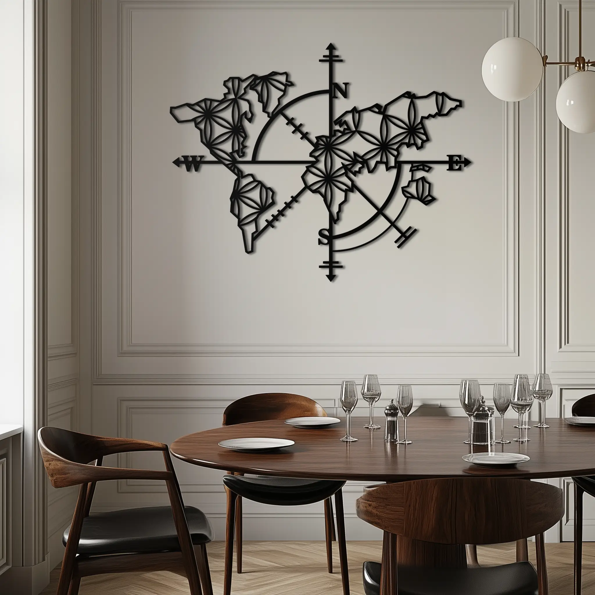 Geometric World Map Metal Wall Art - Modern Compass-Inspired Steel Decor - KAF131 by Enova Art