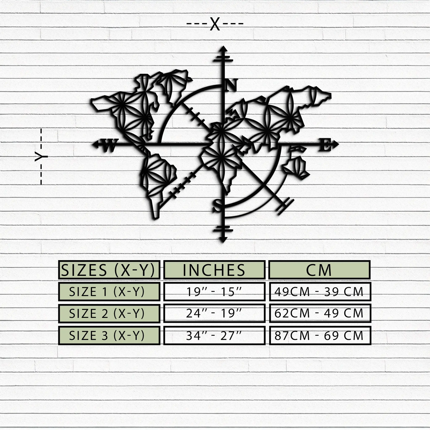 Geometric World Map Metal Wall Art - Modern Compass-Inspired Steel Decor - KAF131 by Enova Art
