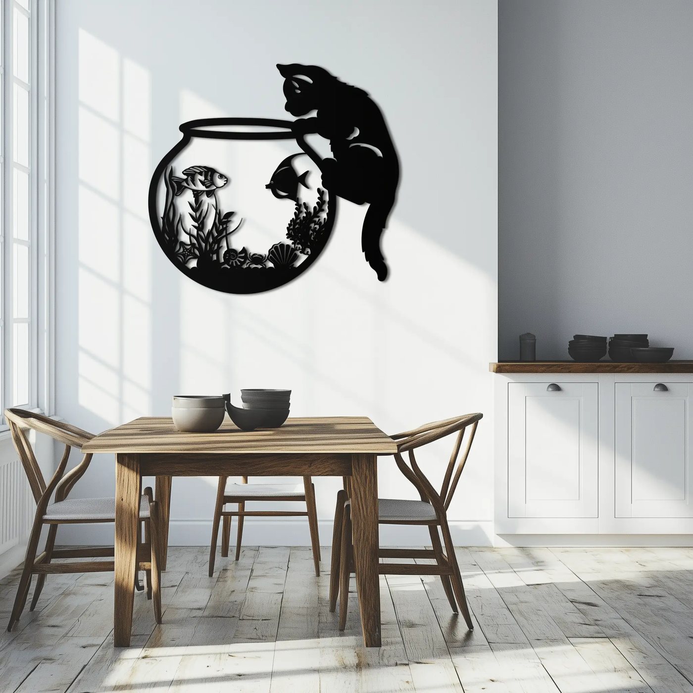 Curious Cat and Fishbowl Metal Wall Art - Playful Geometric Steel Decor - KAF135 by Enova Art