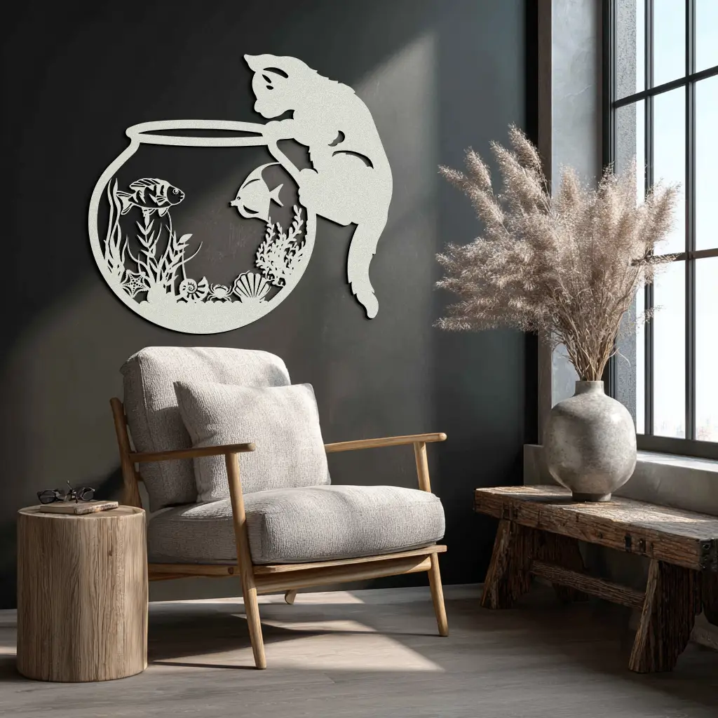 Curious Cat and Fishbowl Metal Wall Art - Playful Geometric Steel Decor - KAF135 by Enova Art