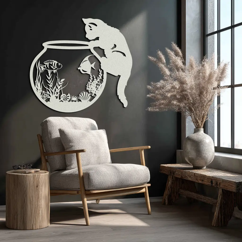 Curious Cat and Fishbowl Metal Wall Art - Playful Geometric Steel Decor - KAF135 by Enova Art