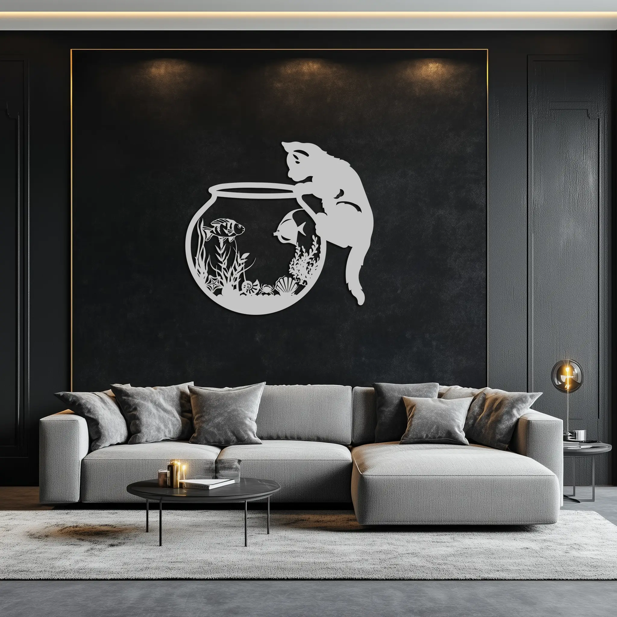 Curious Cat and Fishbowl Metal Wall Art - Playful Geometric Steel Decor - KAF135 by Enova Art