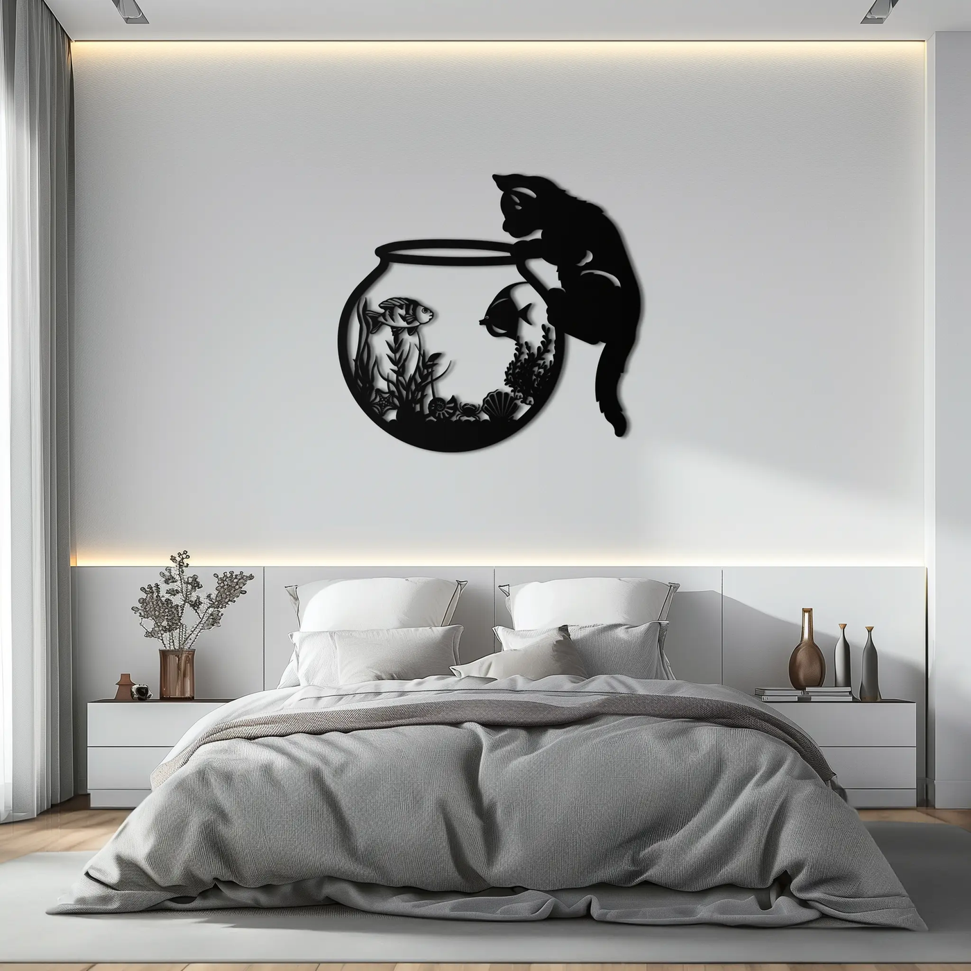 Curious Cat and Fishbowl Metal Wall Art - Playful Geometric Steel Decor - KAF135 by Enova Art