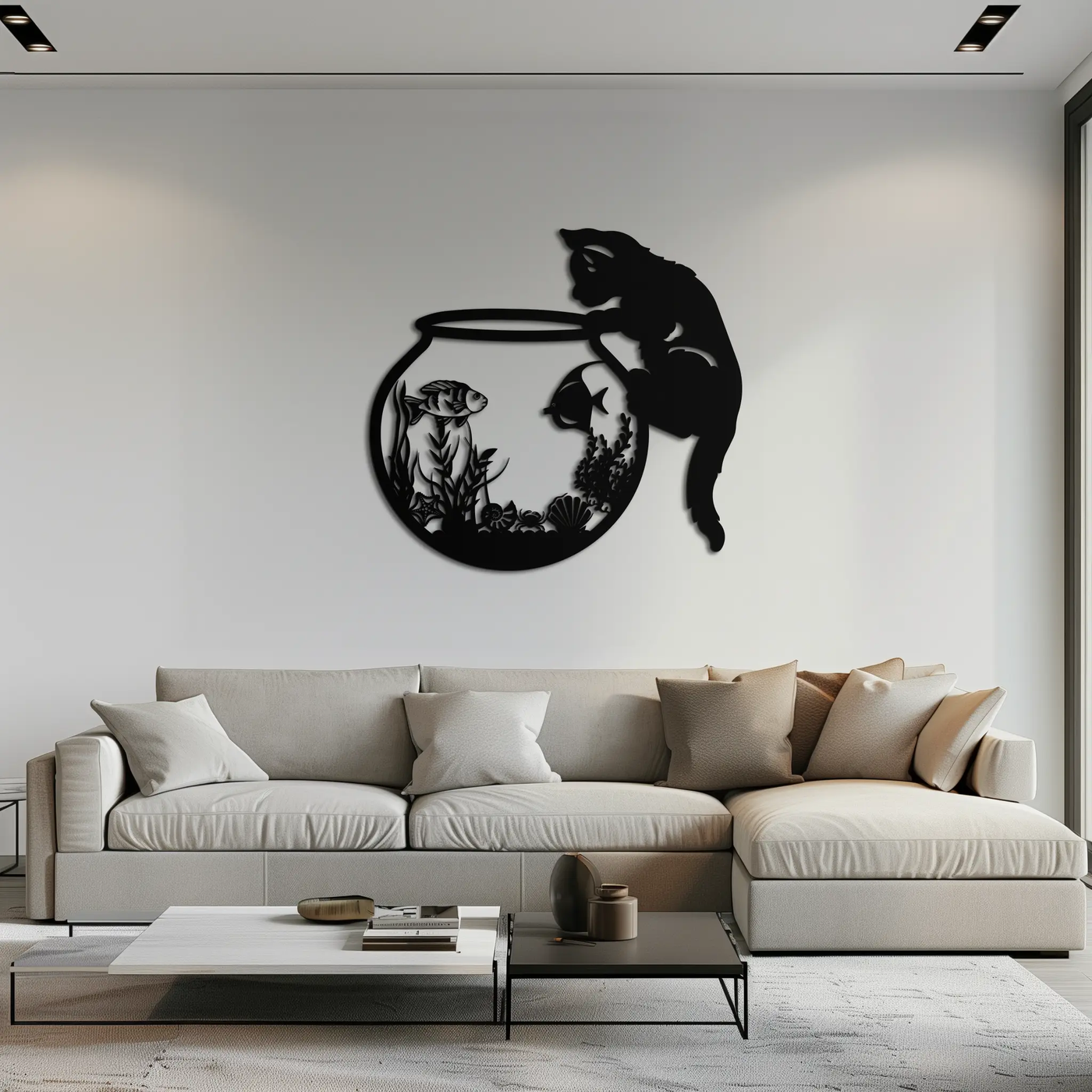 Curious Cat and Fishbowl Metal Wall Art - Playful Geometric Steel Decor - KAF135 by Enova Art