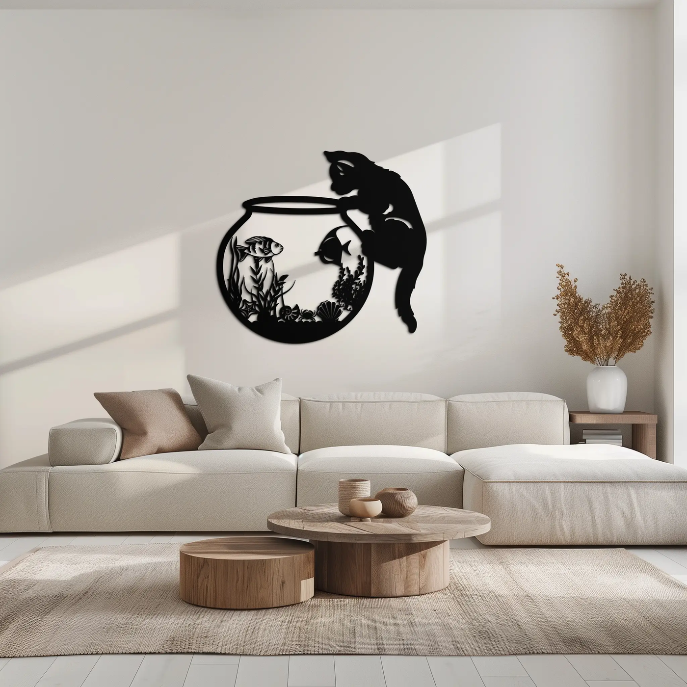 Curious Cat and Fishbowl Metal Wall Art - Playful Geometric Steel Decor - KAF135 by Enova Art