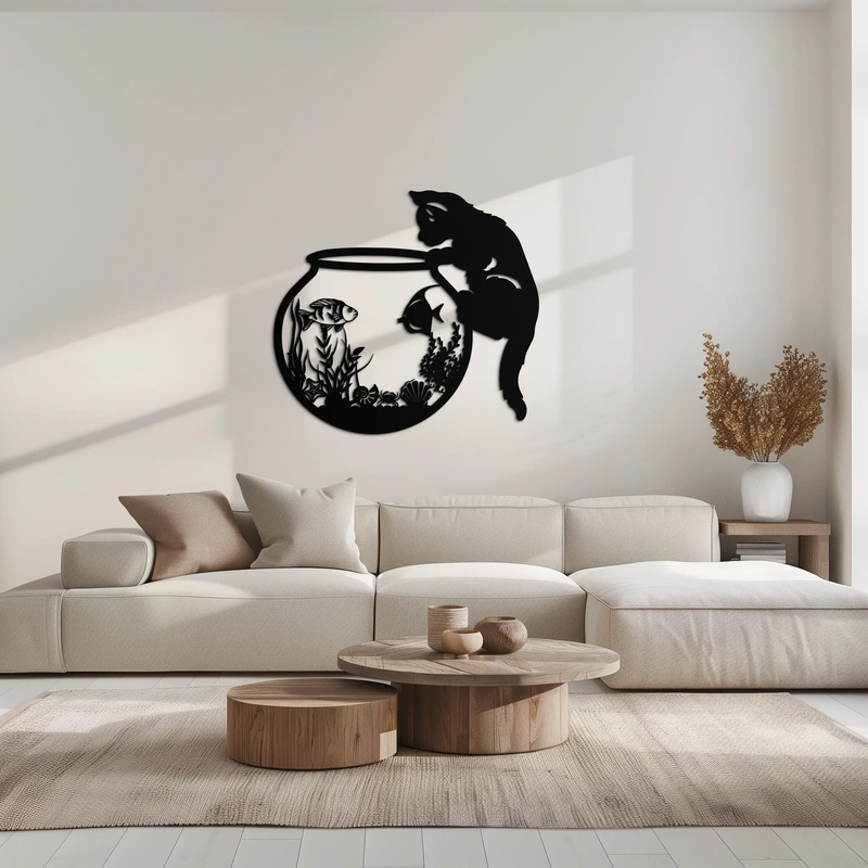 Curious Cat and Fishbowl Metal Wall Art - Playful Geometric Steel Decor - KAF135 by Enova Art