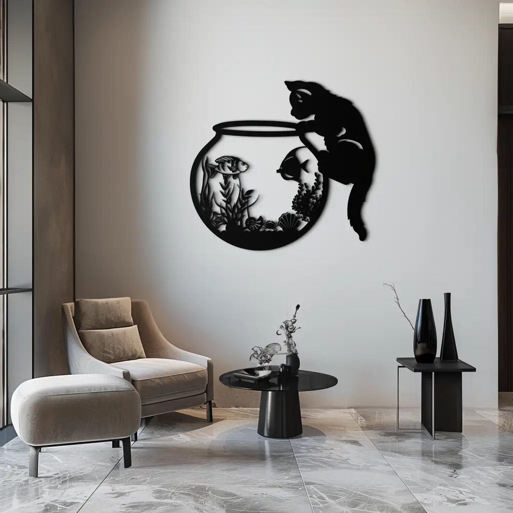 Curious Cat and Fishbowl Metal Wall Art - Playful Geometric Steel Decor - KAF135 by Enova Art