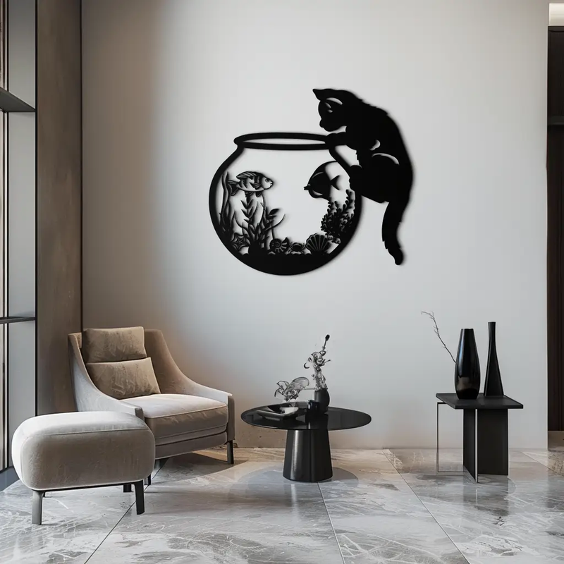 Curious Cat and Fishbowl Metal Wall Art - Playful Geometric Steel Decor - KAF135 by Enova Art