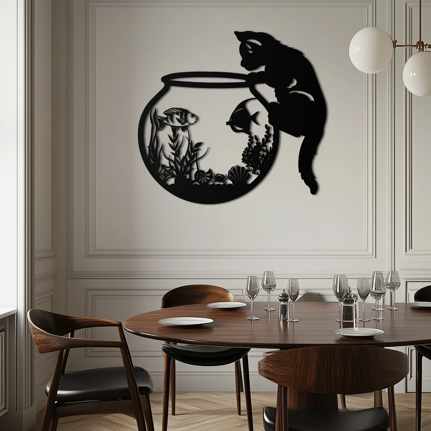 Curious Cat and Fishbowl Metal Wall Art - Playful Geometric Steel Decor - KAF135 by Enova Art