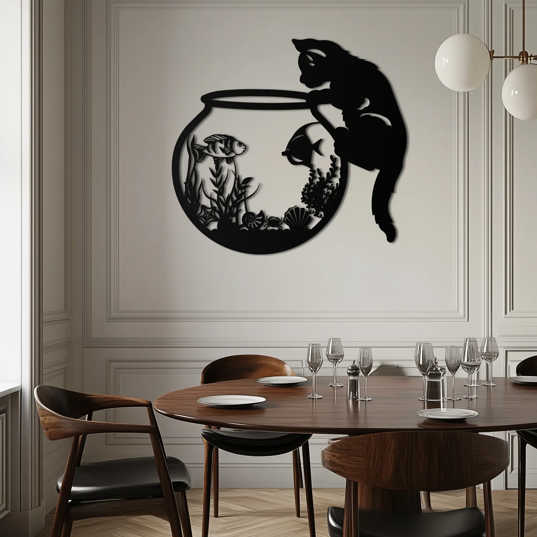 Curious Cat and Fishbowl Metal Wall Art - Playful Geometric Steel Decor - KAF135 by Enova Art