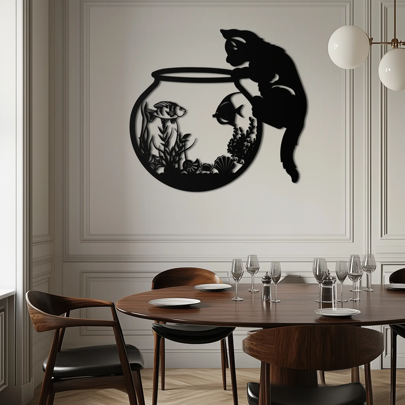 Curious Cat and Fishbowl Metal Wall Art - Playful Geometric Steel Decor - KAF135 by Enova Art