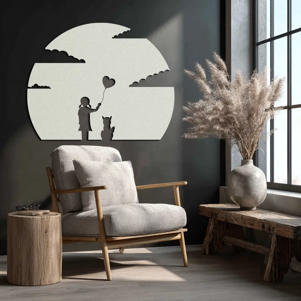 Heart Balloon Girl & Cat Metal Wall Art - Whimsical Steel Decor - KAF140 by Enova Art