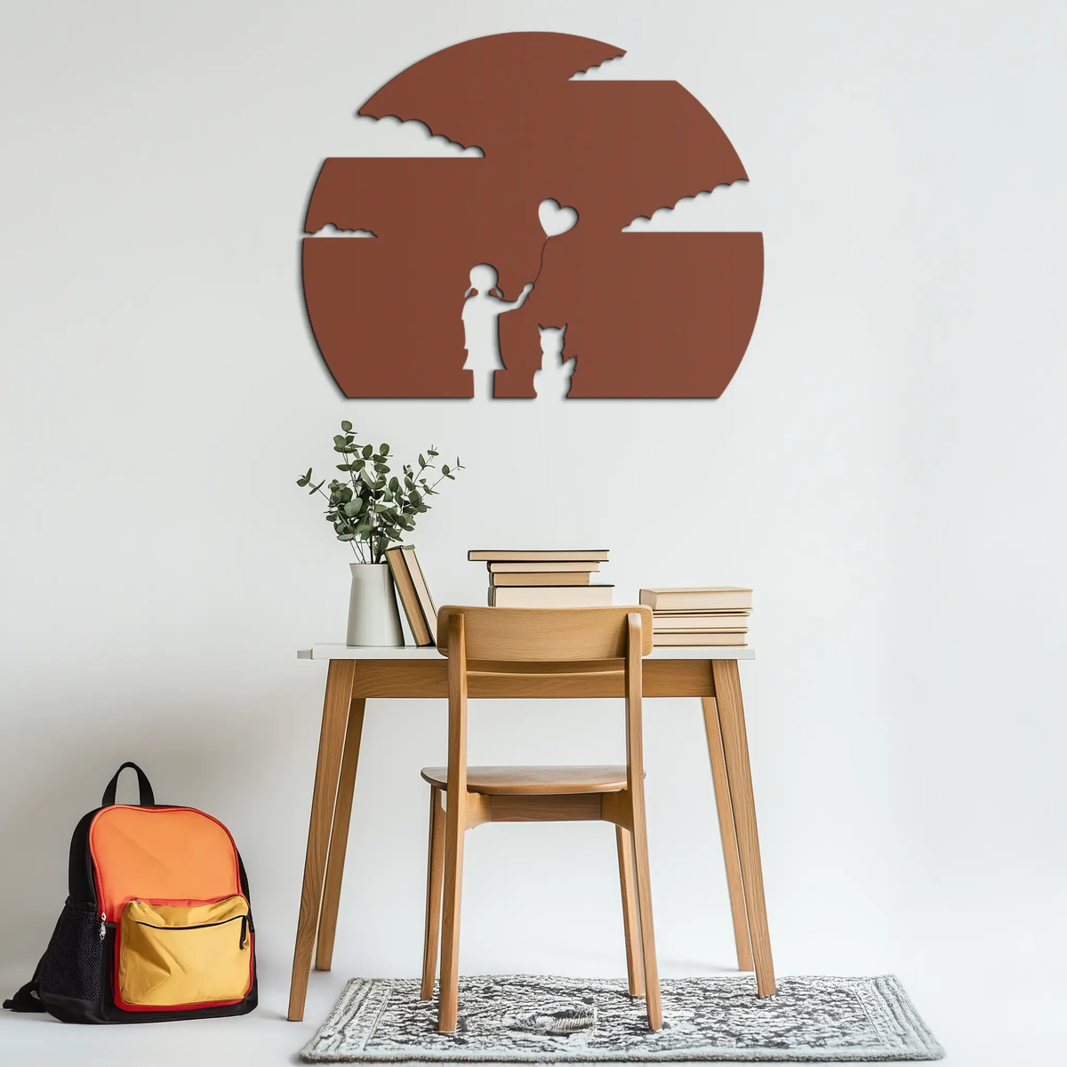 Heart Balloon Girl & Cat Metal Wall Art - Whimsical Steel Decor - KAF140 by Enova Art