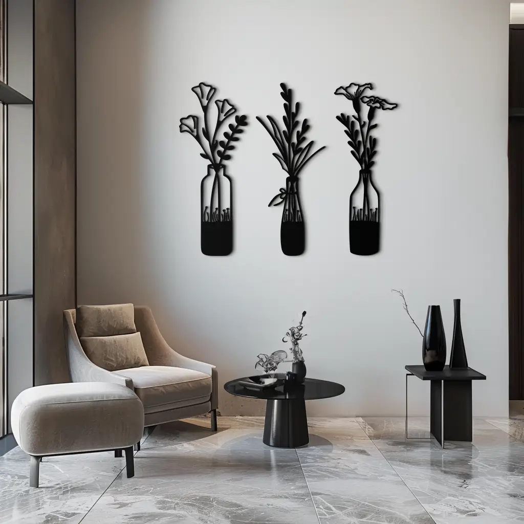 Rustic Floral Bottle Metal Wall Art - Elegant Vase & Flower Steel Decor - KAF142 by Enova Art
