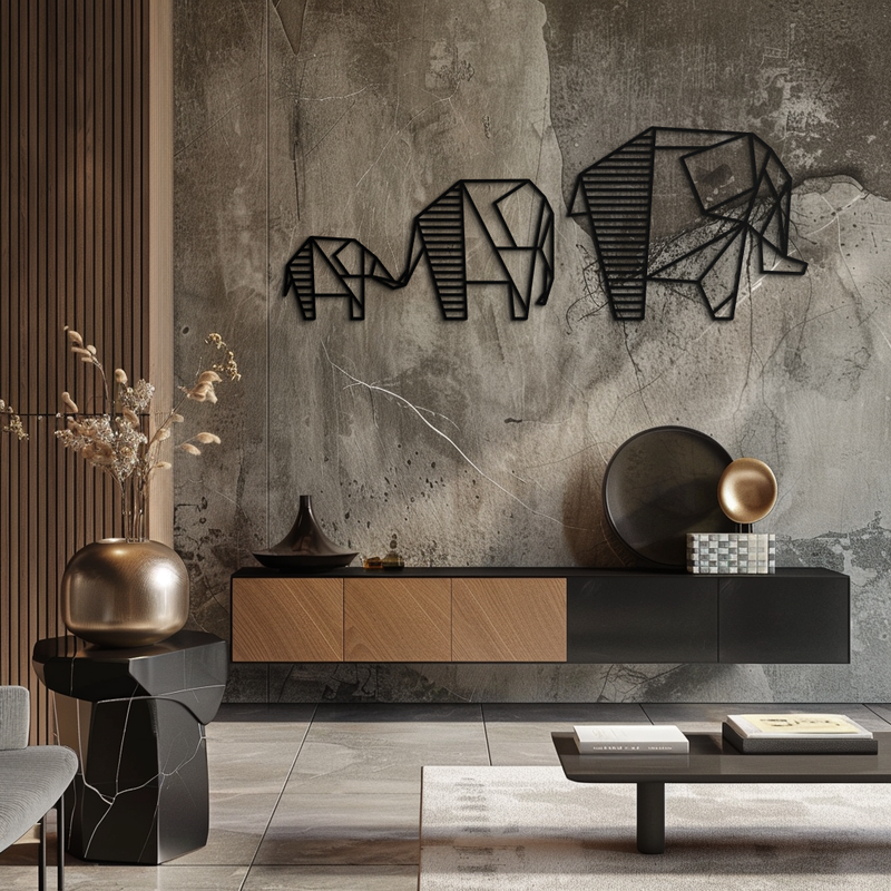 Geometric Elephant Family Metal Wall Art - Modern Minimalist Decor- KAF166 by Enova Art