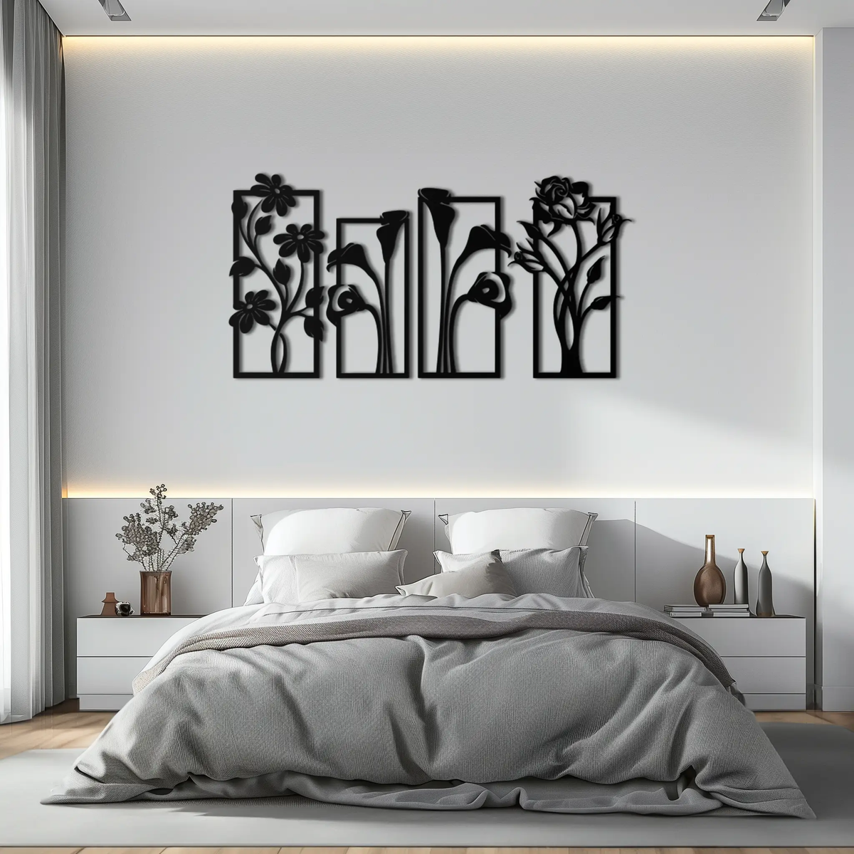 Floral Metal Wall Art - Elegant Botanical Panel Set- KAF167 by Enova Art