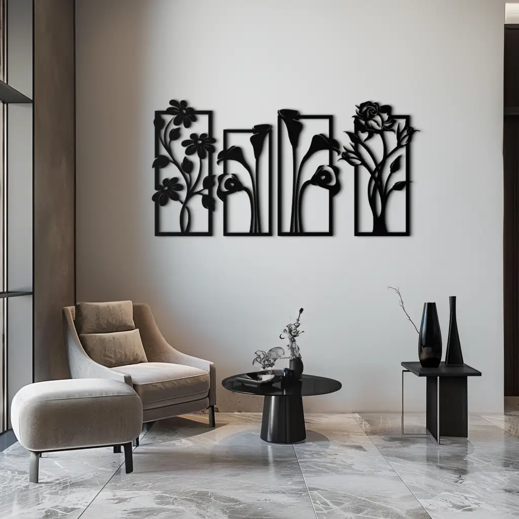 Floral Metal Wall Art - Elegant Botanical Panel Set- KAF167 by Enova Art