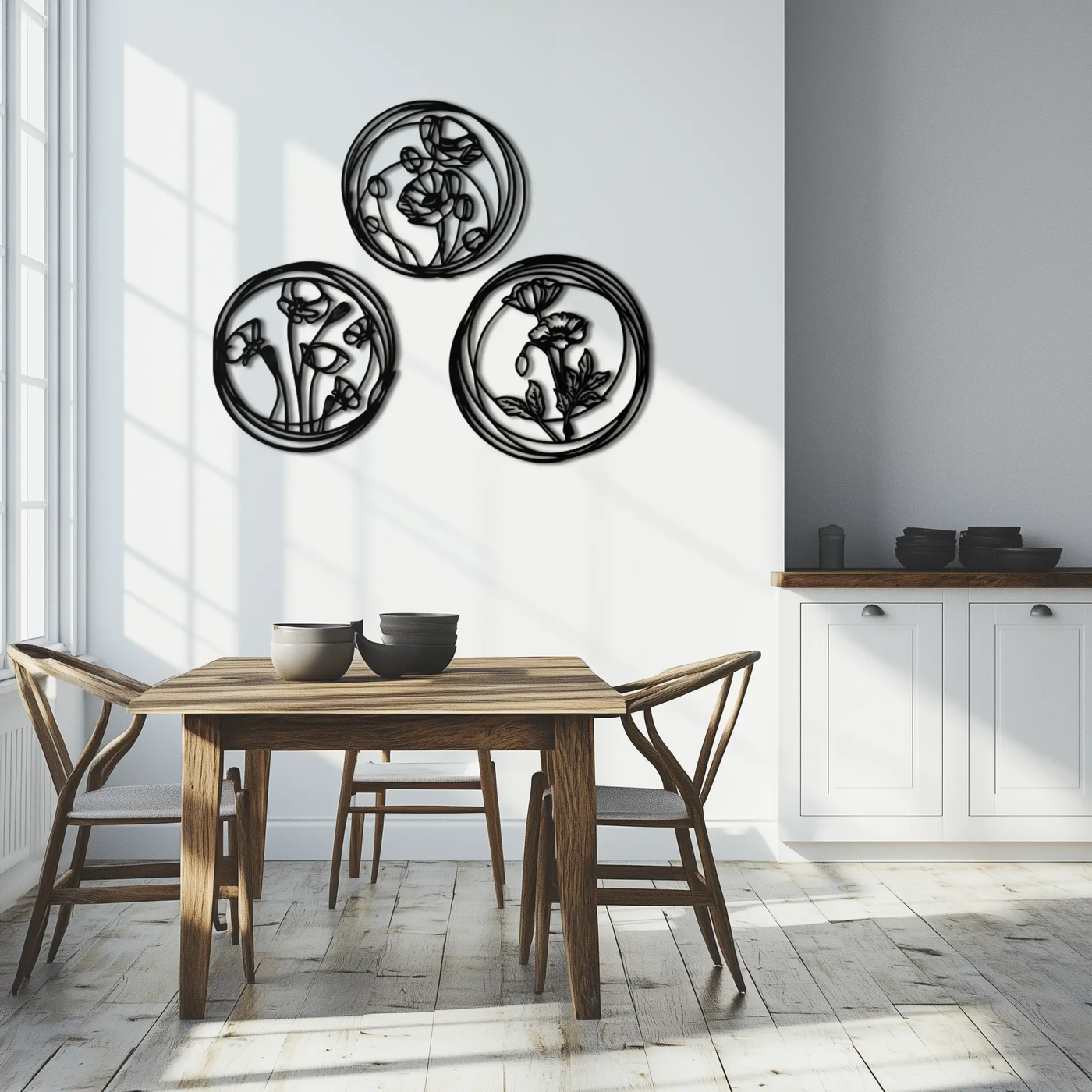 Floral Trio Metal Wall Art - Modern Botanical Circle Wall Decor- KAF168 by Enova Art