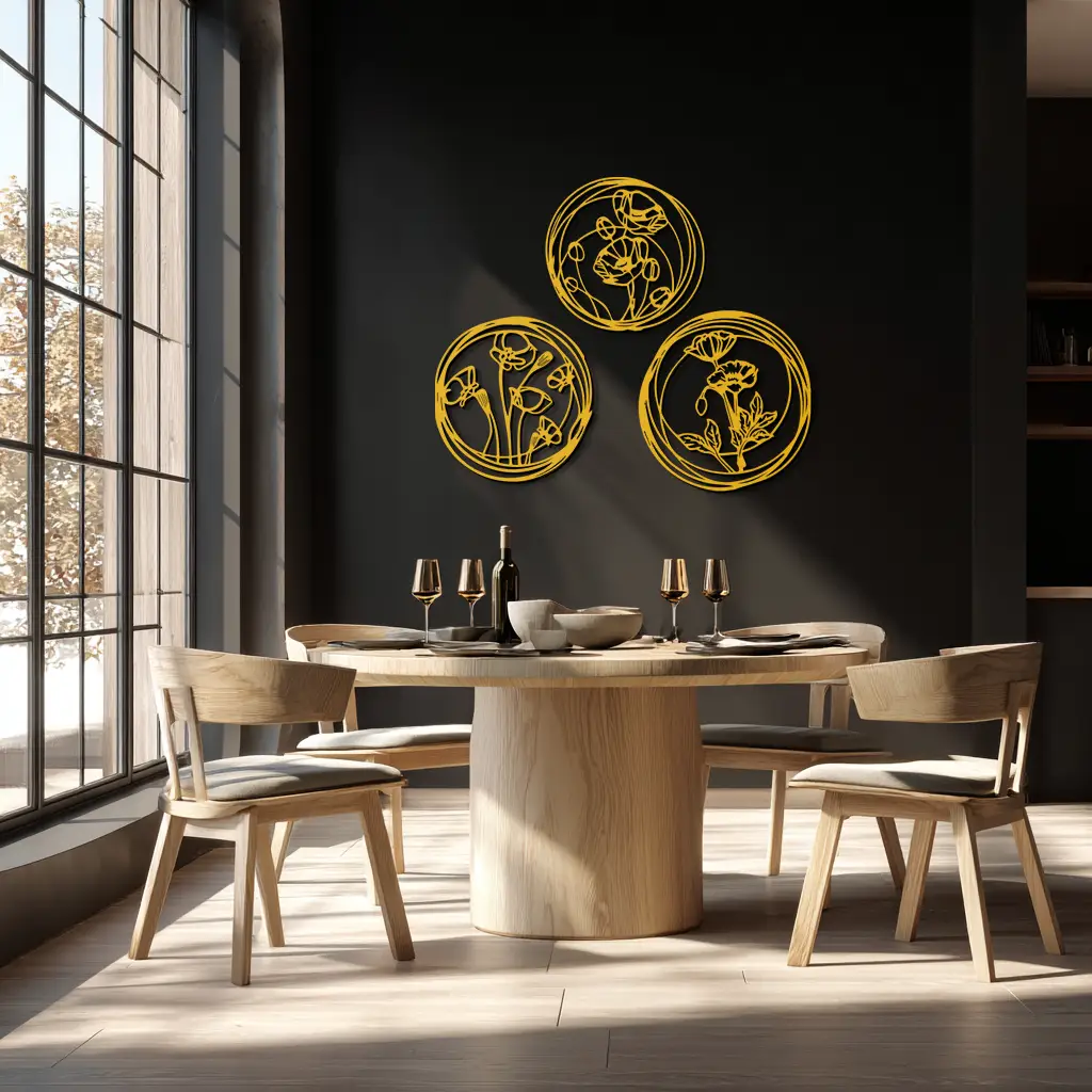 Floral Trio Metal Wall Art - Modern Botanical Circle Wall Decor- KAF168 by Enova Art