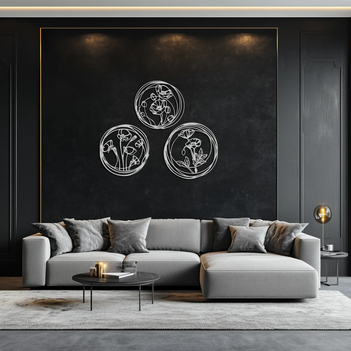 Floral Trio Metal Wall Art - Modern Botanical Circle Wall Decor- KAF168 by Enova Art