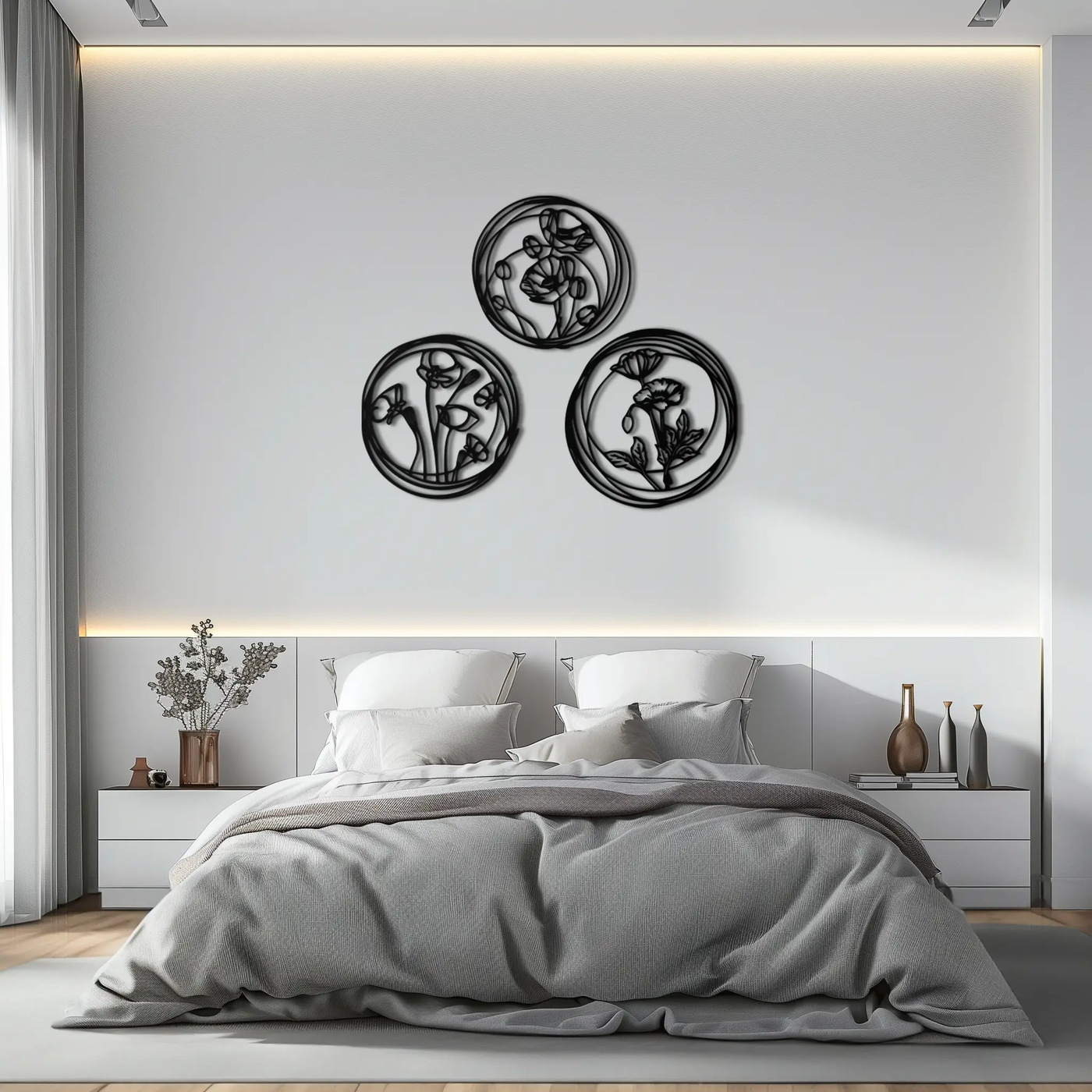 Floral Trio Metal Wall Art - Modern Botanical Circle Wall Decor- KAF168 by Enova Art
