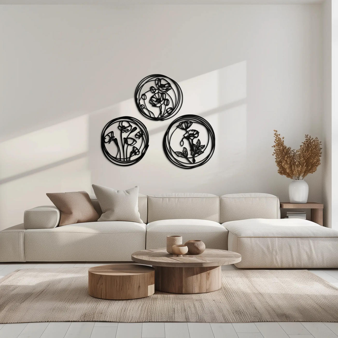 Floral Trio Metal Wall Art - Modern Botanical Circle Wall Decor- KAF168 by Enova Art
