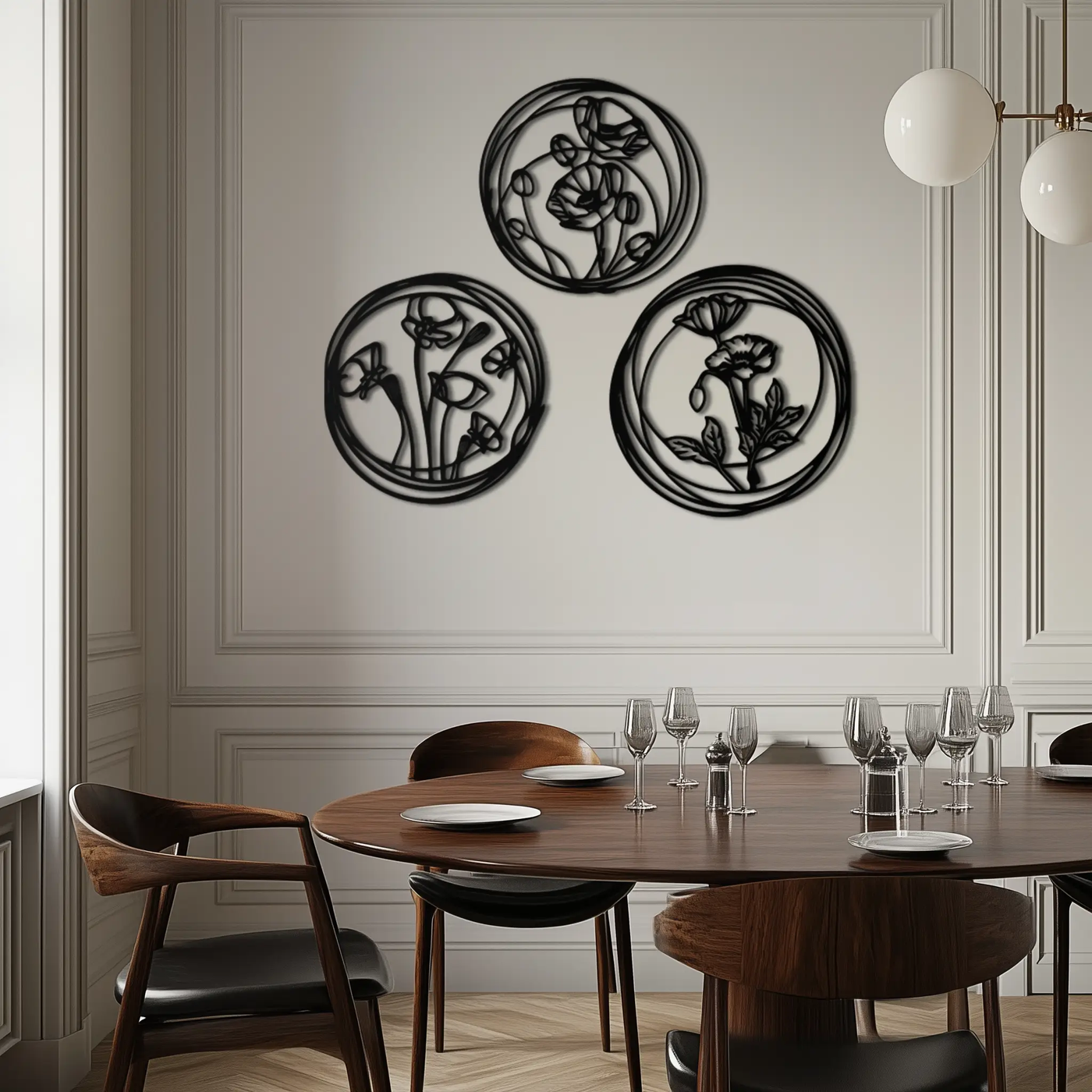 Floral Trio Metal Wall Art - Modern Botanical Circle Wall Decor- KAF168 by Enova Art
