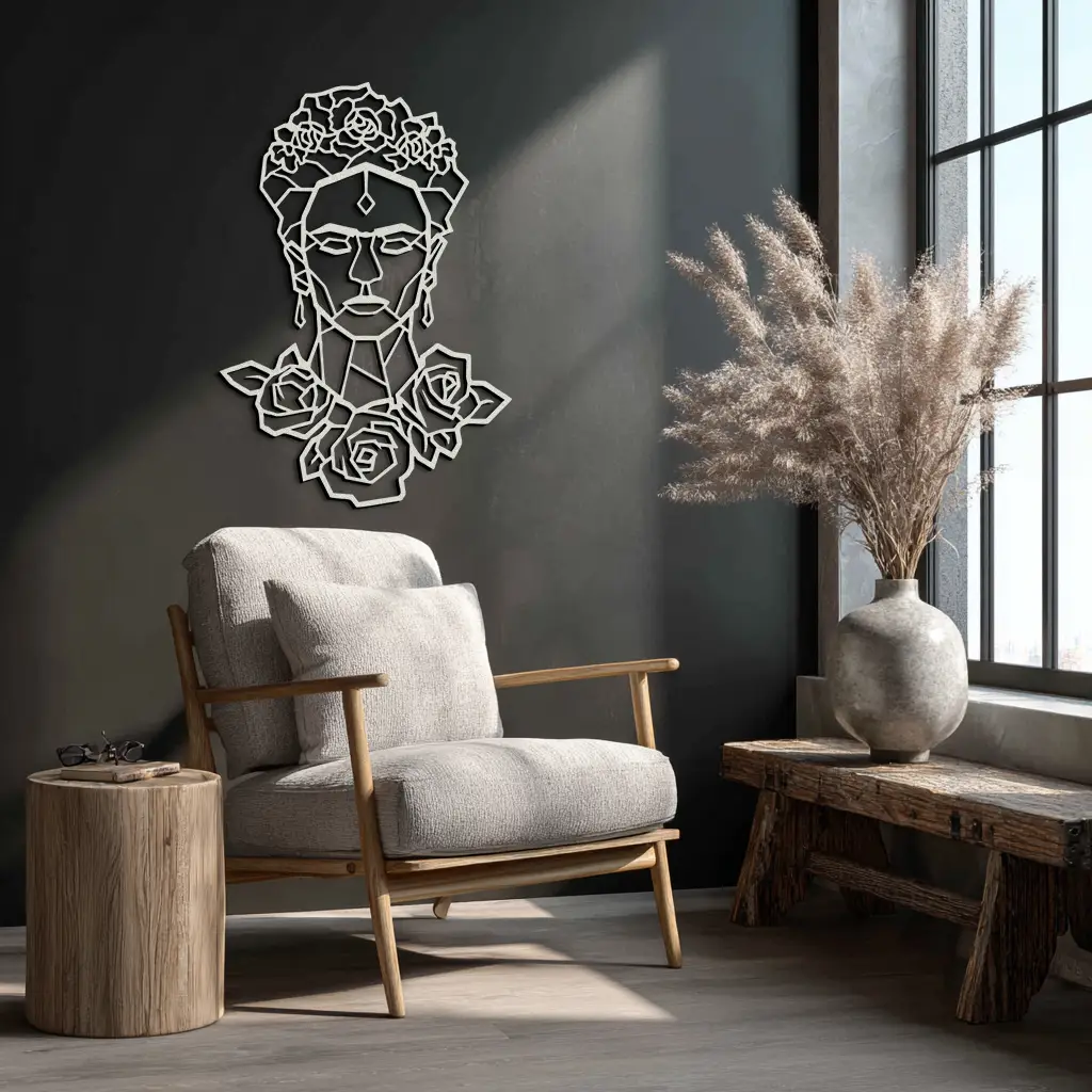 Frida Kahlo Metal Wall Art - Geometric Floral Portrait- KAF174 by Enova Art