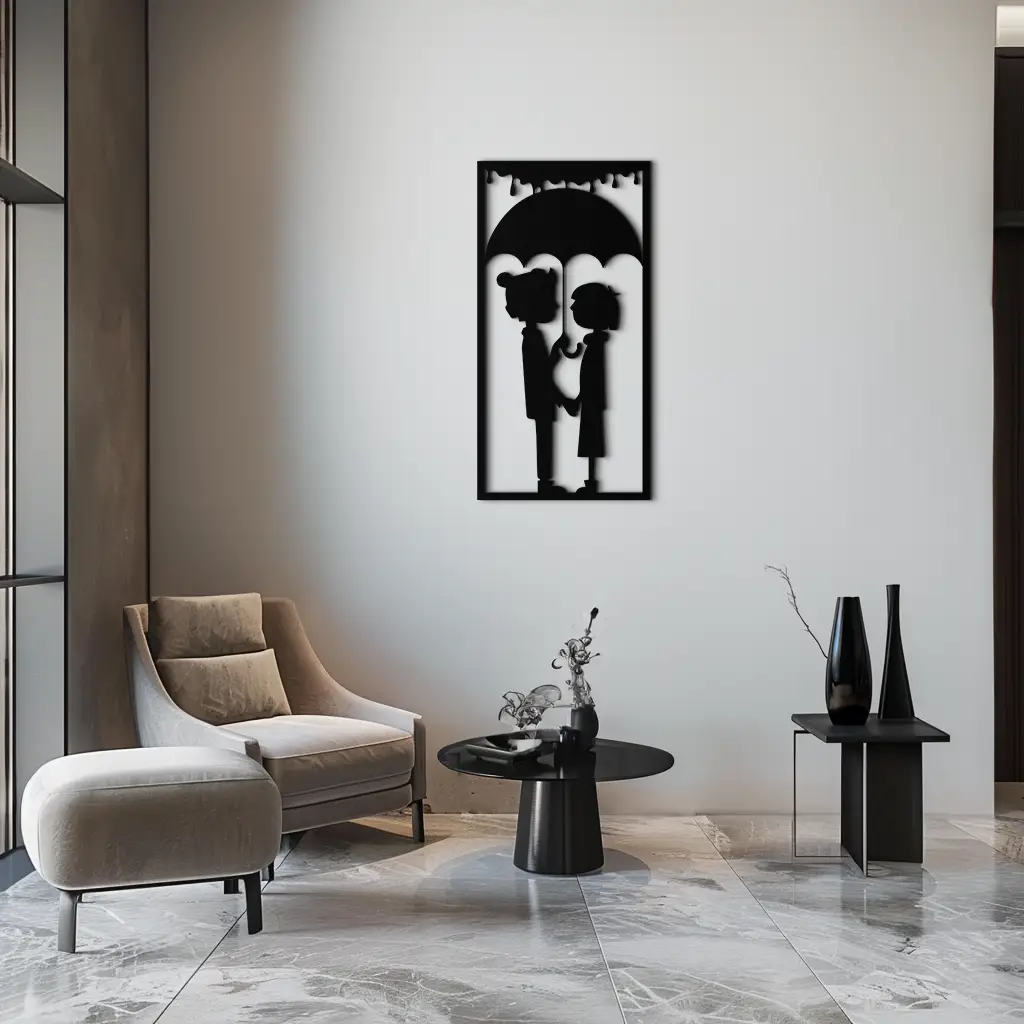 Romantic Couple Under Umbrella Metal Wall Art - Love & Rain-Inspired Decor - KAF199 by Enova Art