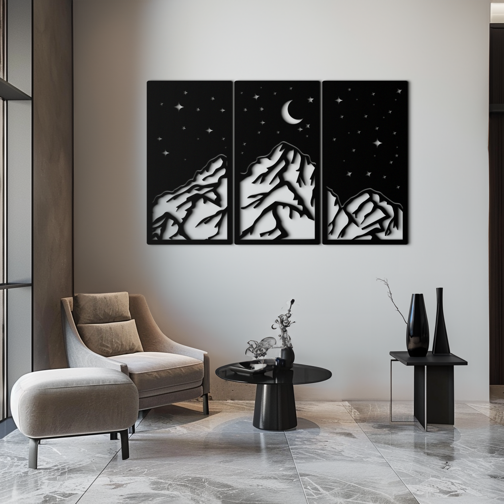 Mountain Nightscape Metal Wall Art - 3-Panel Modern Wall Decor - KAF202 by Enova Art