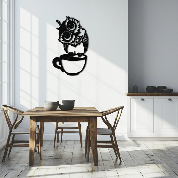 Sleepy Owl in Coffee Cup - Quirky Metal Wall Art for Coffee Lovers & Night Owls - KAF208