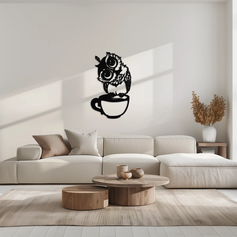 Sleepy Owl in Coffee Cup - Quirky Metal Wall Art for Coffee Lovers & Night Owls - KAF208 by Enova Art