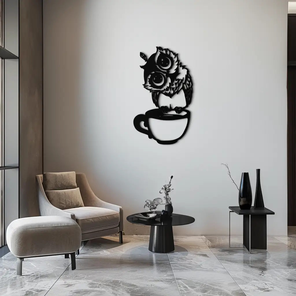 Sleepy Owl in Coffee Cup - Quirky Metal Wall Art for Coffee Lovers & Night Owls - KAF208 by Enova Art