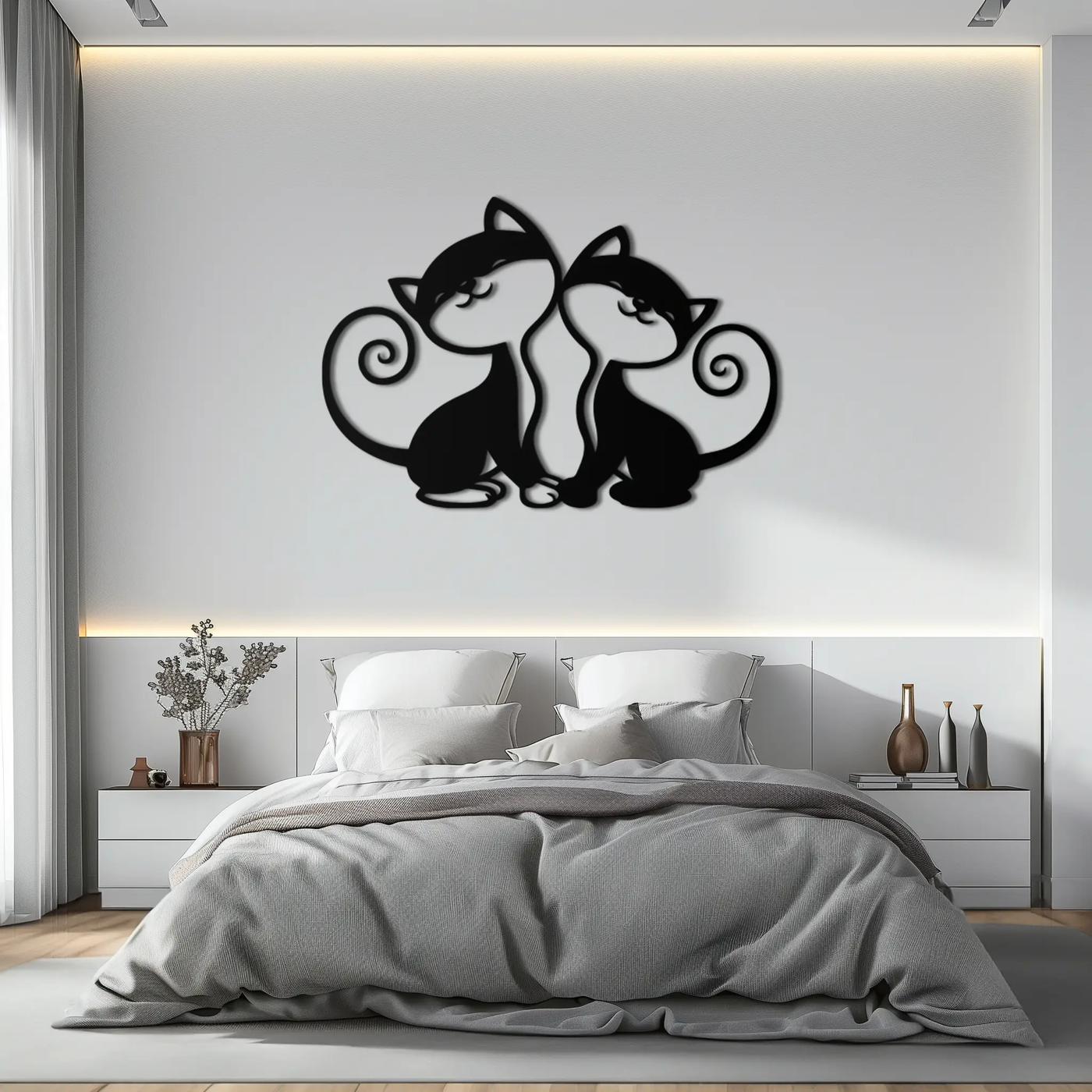 Romantic Cat Couple Metal Wall Art - Elegant Feline Silhouette Decor - KAF209 by Enova Art