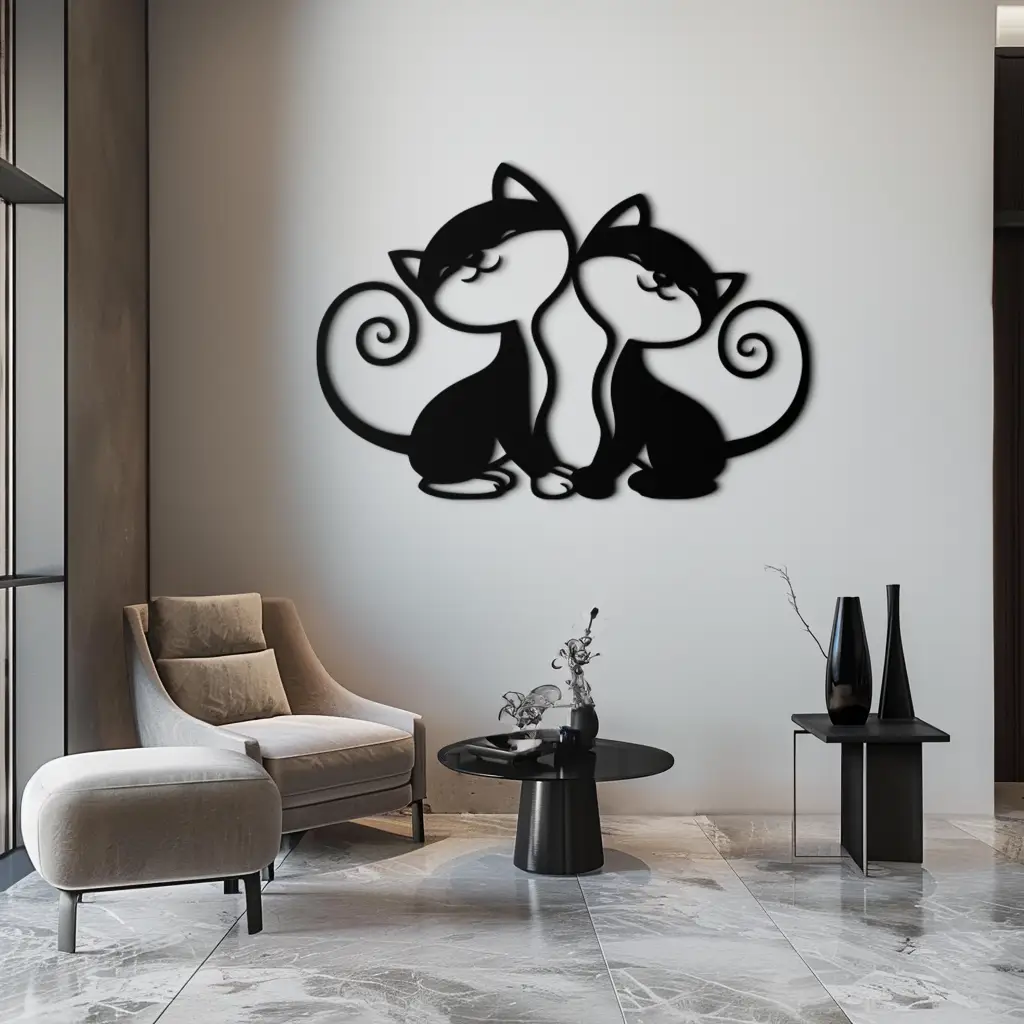 Romantic Cat Couple Metal Wall Art - Elegant Feline Silhouette Decor - KAF209 by Enova Art