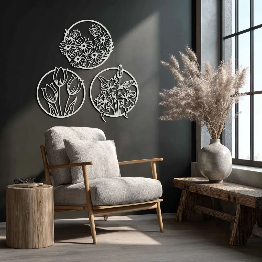 Floral Harmony Metal Wall Art - Set of Three Elegant Botanical Designs - KAF223 by Enova Art