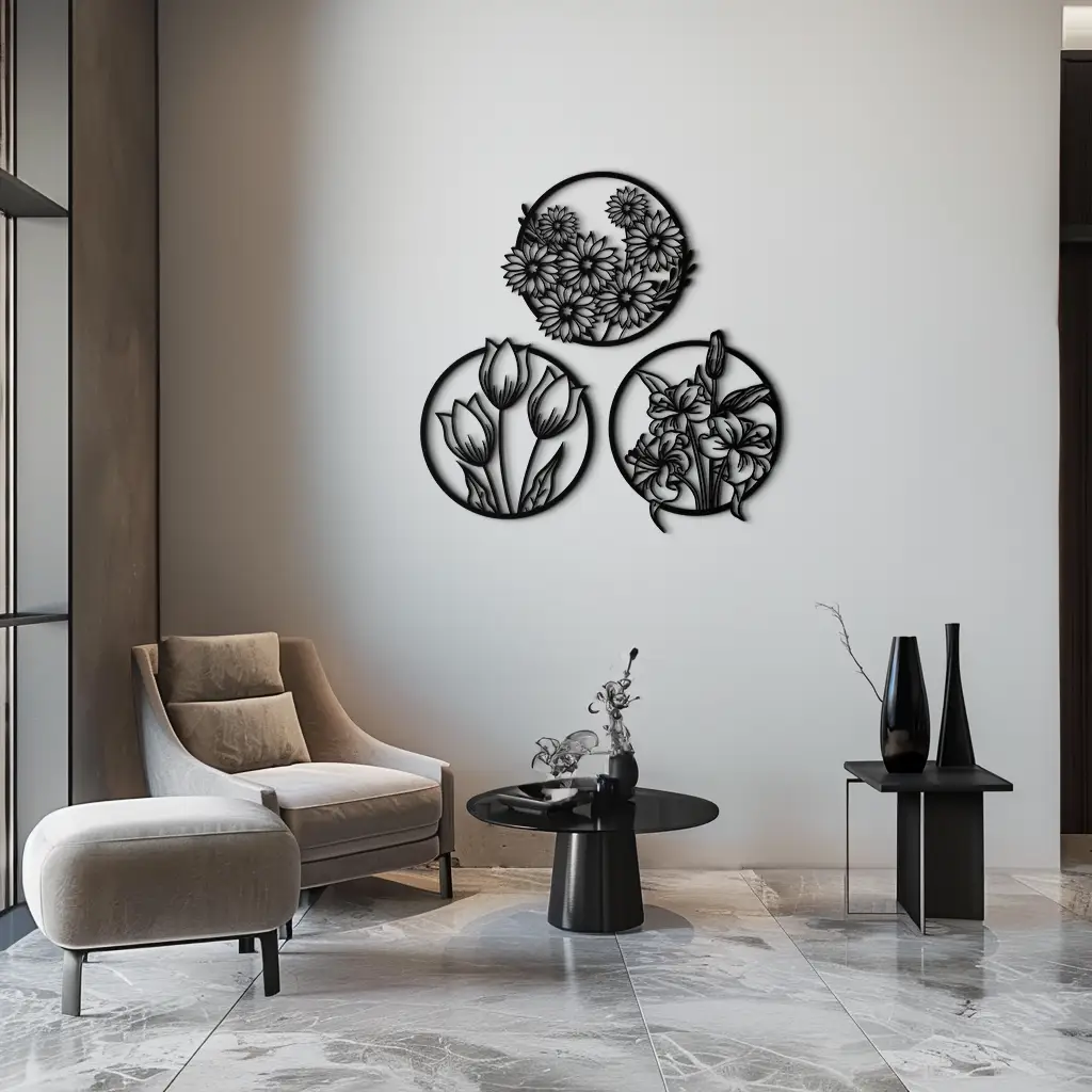Floral Harmony Metal Wall Art - Set of Three Elegant Botanical Designs - KAF223 by Enova Art