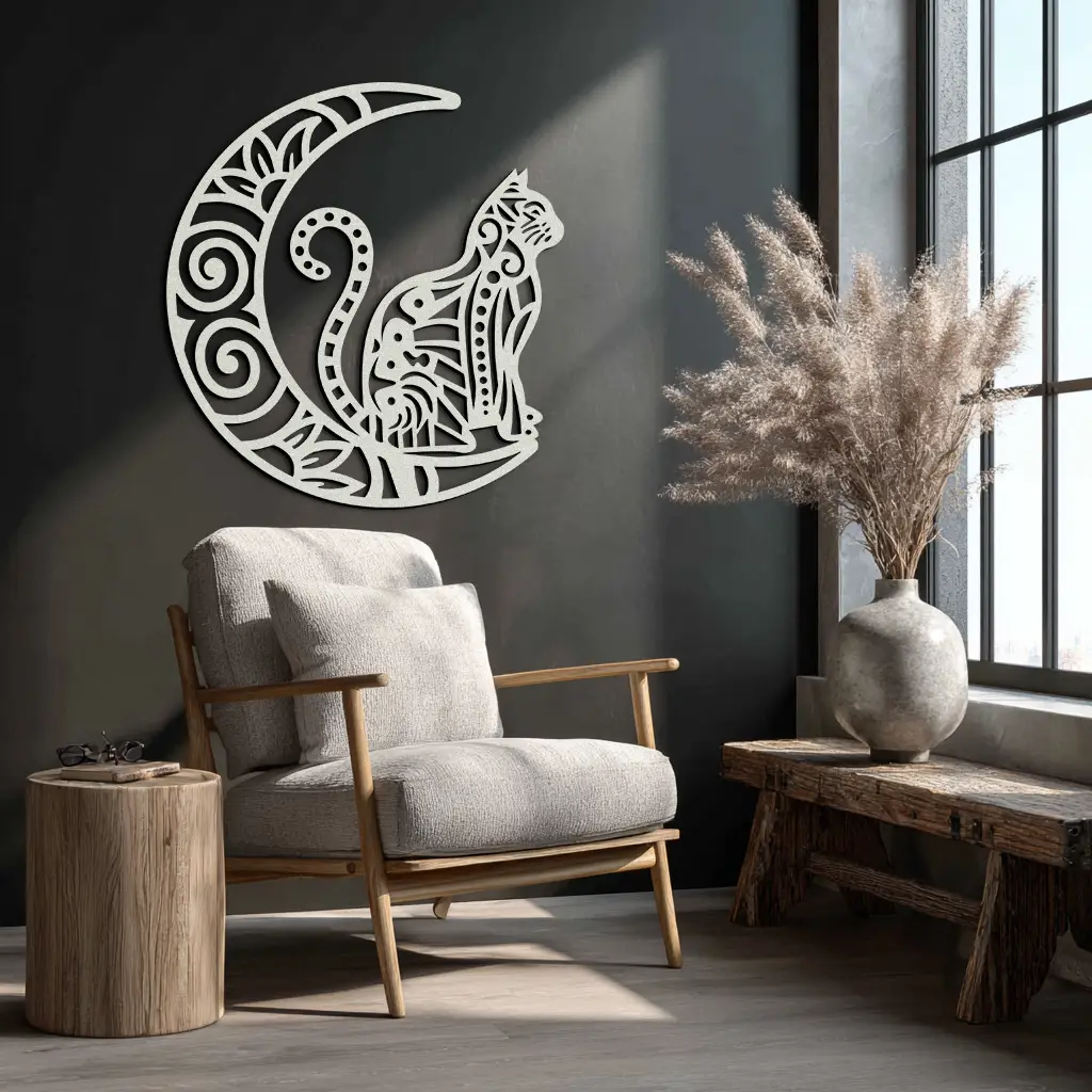 Moon & Cat Metal Wall Art – Mystical Feline Decor - KAF266 by Enova Art