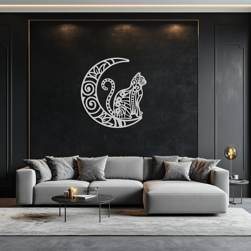 Moon & Cat Metal Wall Art – Mystical Feline Decor - KAF266 by Enova Art