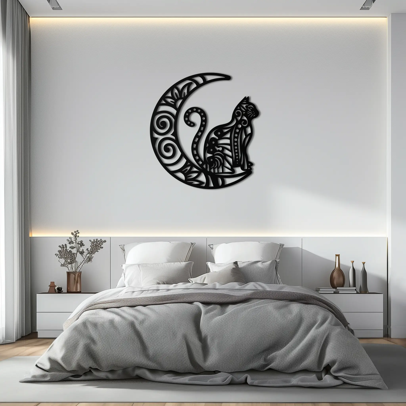 Moon & Cat Metal Wall Art – Mystical Feline Decor - KAF266 by Enova Art