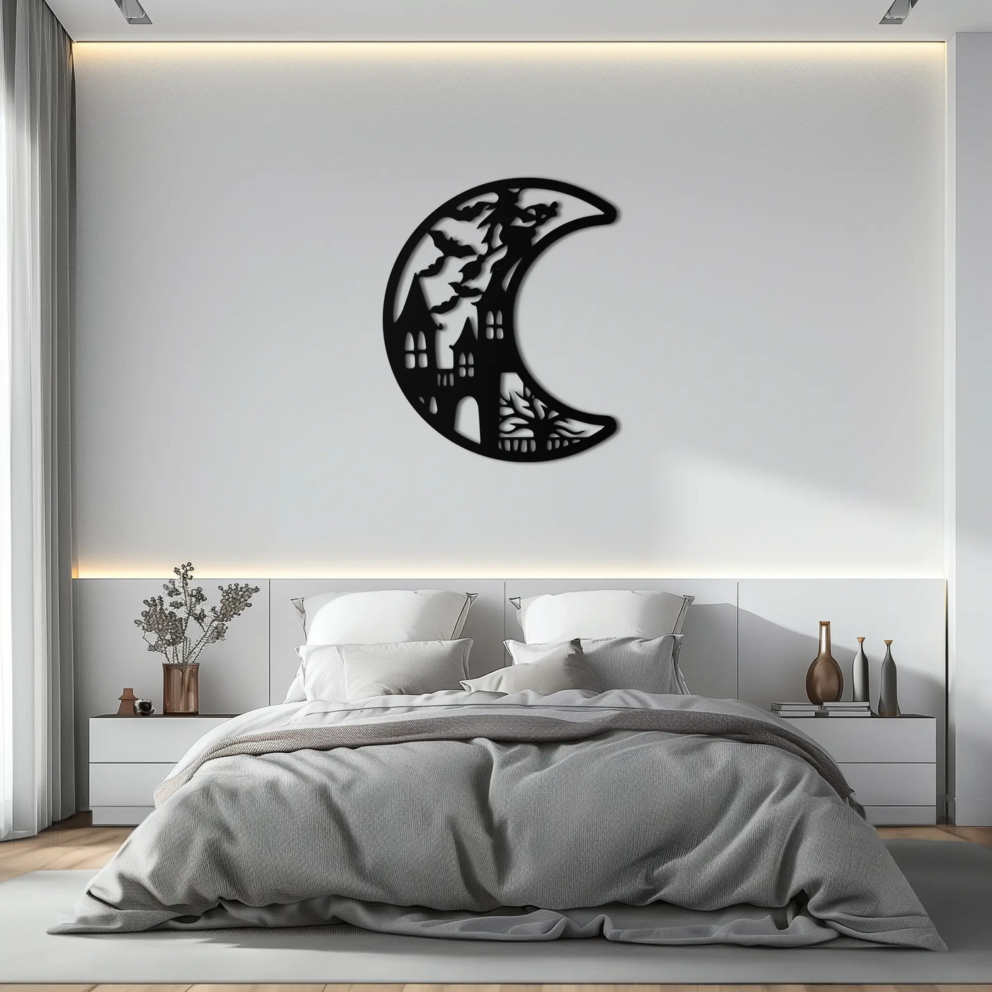 Haunted Moon Halloween Metal Wall Art - Witch & Castle Silhouette - KAF274 by Enova Art