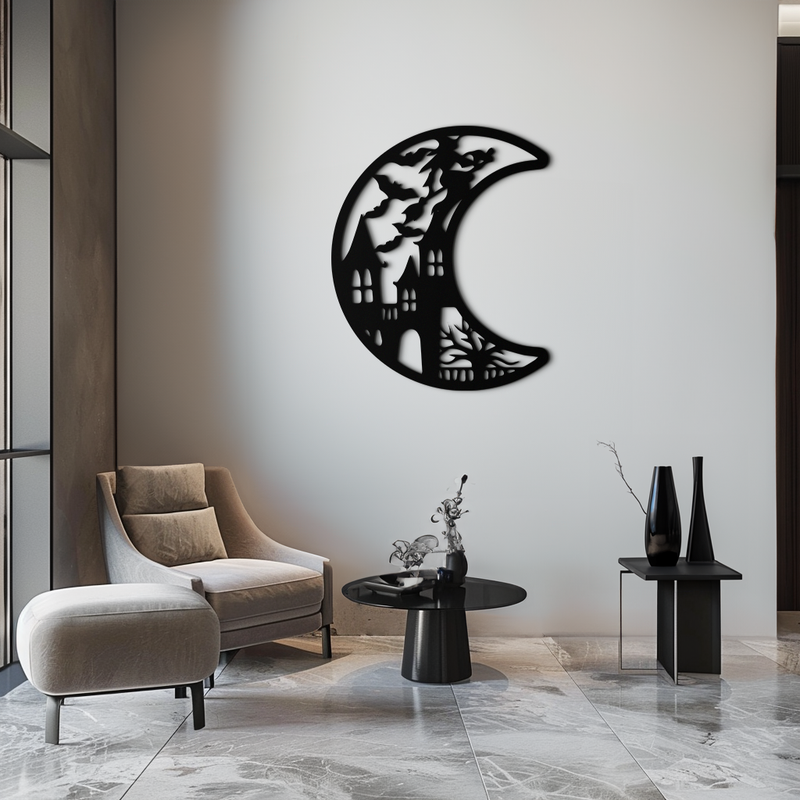 Haunted Moon Halloween Metal Wall Art - Witch & Castle Silhouette - KAF274 by Enova Art