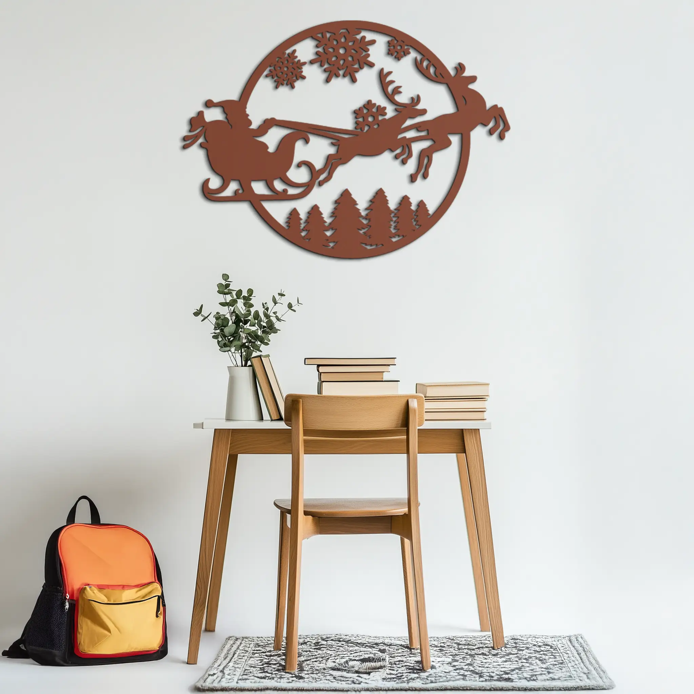 Santa Sleigh Metal Wall Art - Christmas Reindeer & Snowflake Decor- KAF287 by Enova Art