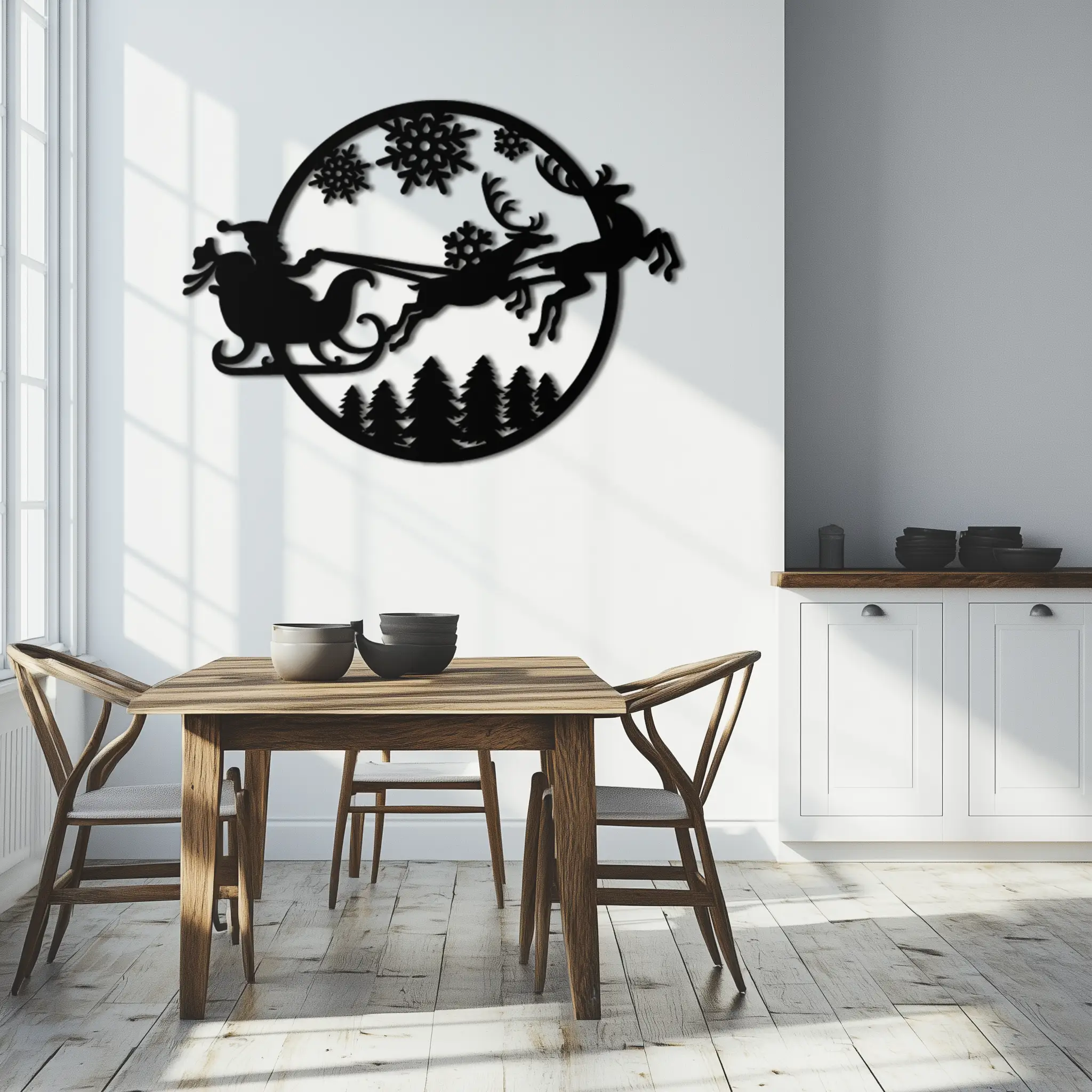 Santa Sleigh Metal Wall Art - Christmas Reindeer & Snowflake Decor- KAF287 by Enova Art